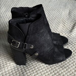 Fergie Chic Black Suede Peep Toe Heeled Booties. Used with Love. Size 9.5 US